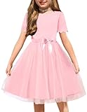 Arshiner Girls Dress Pink Belted Wedding Party Summer Holiday Dresses for 5-6 Years