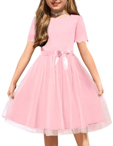 Arshiner Girls Dress Pink Belted Wedding Party Summer Holiday Dresses for 5-6 Years