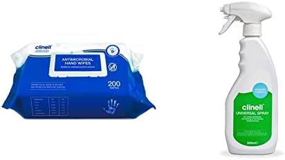 Clinell Antibacterial Hand Wipe Suitable for Hands and Surfaces, Pack of 200 & Universal Cleaning and Disinfectant Spray for Surfaces - 500 ml - White Universal Spray