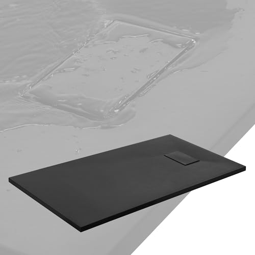 LuxeBath Plato de Ducha 120x70 cm Negro, Base Rectangular con Superficie Antideslizante y Antibacteriano en Aspecto Pizarra Altura 30 mm SMC Extraplano y Robusto, Fácil Instalación