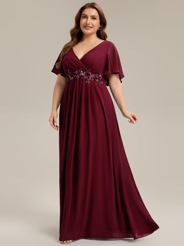 Image of Ever-Pretty Short Sleeves V Neck Plus Size Formal Dresses for Curvy Women Chiffon Mother of The Bride Dress Evening Gowns