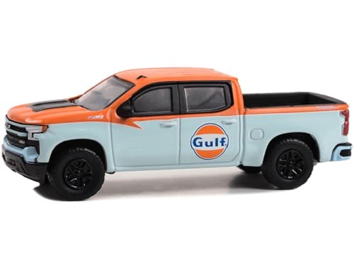 2023 Chevy Silverado 1500 Z71 Pickup Truck Light Blue and Orange Gulf Oil Special Edition Series 2 1/64 Diecast Model Car by Greenlight 41145F