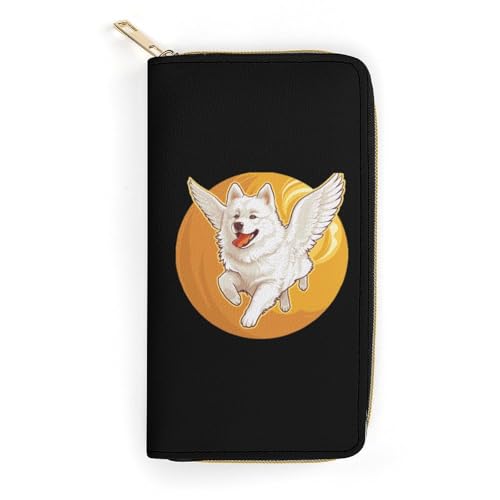 American Eskimos Dog Running Angel Wings Wristlet Wallets for Men Women Leather Purse Clutch Cute Card Holder