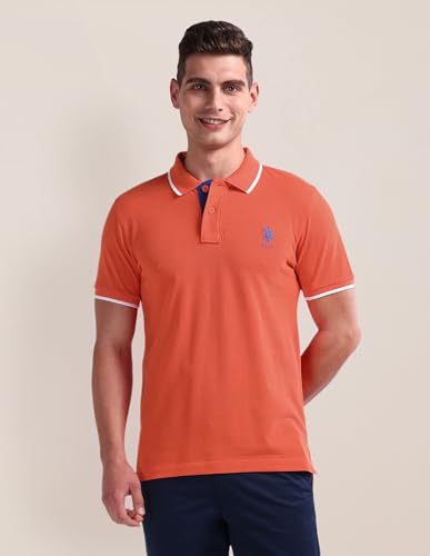Image of U.S. POLO ASSN. Men's Orange Solid Polo Collar Collared Neck Short Sleeve Casual Cotton Slim Fit Polo Shirt