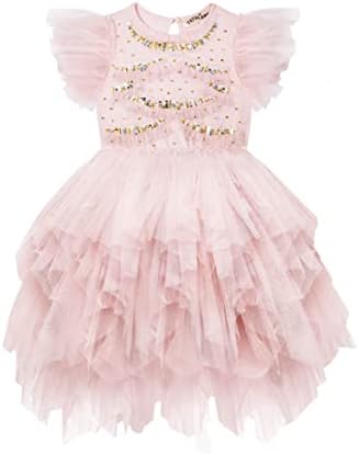 TUTULAND Tutu Dress for Girls - Flower Girl Handmade Tiered Dress Layered Mesh Embroidered Sequin Tulle Dress Baby Toddler for Wedding Birthday Photography Prop