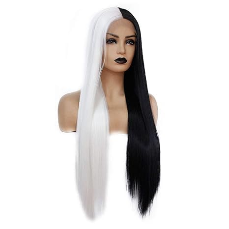 Miniatura 2 de Mezcla de encaje frontal sintético peluca mitad negro mitad blanco #1001 para mujeres sin pegamento largo recto pelucas de pelo sintético parte
