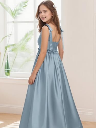 Satin Junior Bridesmaid Dress for Wedding A-Line Spaghetti Strap Square Neck Long Sleeveless Flower Girl Dress2