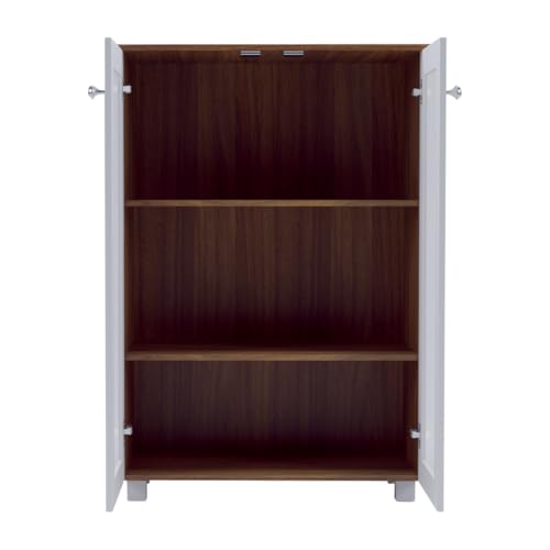 Image of Hobbit Engineered Wood Bookshelf | Book Storage & Display Cabinet for Living Room, Study Room & Home Office | 2 Door Glass Cabinet Storage | Leon Teak & White Finish
