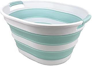 SAMMART 23L (6 Gallons) Collapsible Plastic Laundry Basket - Oval Tub / Basket - Foldable Storage Container / Organizer - Portable Washing Tub - Space Saving Laundry Hamper (1, White/Lake Green)