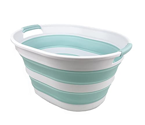 SAMMART 23L (6 Gallons) Collapsible Plastic Laundry Basket - Oval Tub/Basket - Foldable Storage Container/Organizer - Portable Washing Tub - Space Saving Laundry Hamper (White/Lake Green)