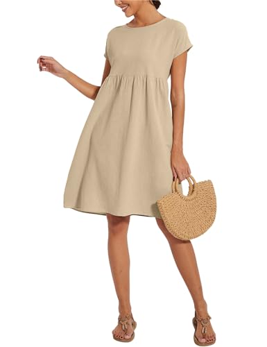 Image of LARMLISS Baggy Crew Neck Dress for Women Summer Casual Comfy Cotton Short Sleeve Tunic Beach Midi Dresses with Pockets