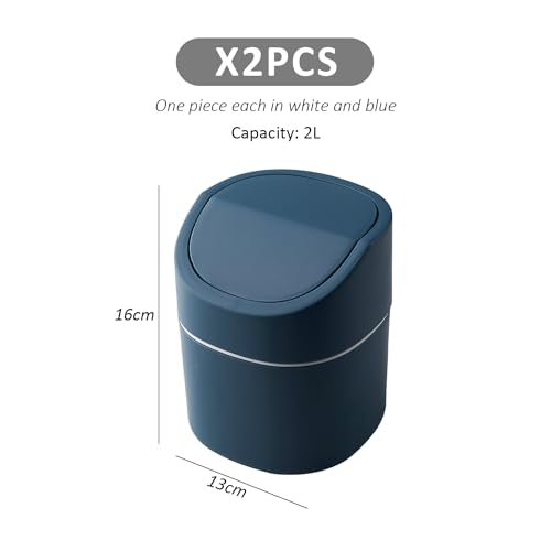 DHSBGWSX 2 Stück Kleiner Mülleimer Mit Deckel, Mülleimer Mit Deckel Für Schlafzimmer, Mini-Schreibtisch-Mülleimer, Tragbarer Mini-Mülleimer, Badezimmer-Mülleimer Mit Deckel (Blau, Weiß)