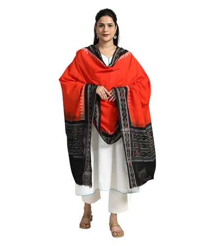 Image of Cotton Dupatta with weaving and Ikat woven border from the Weavers Stole for Girls & Women