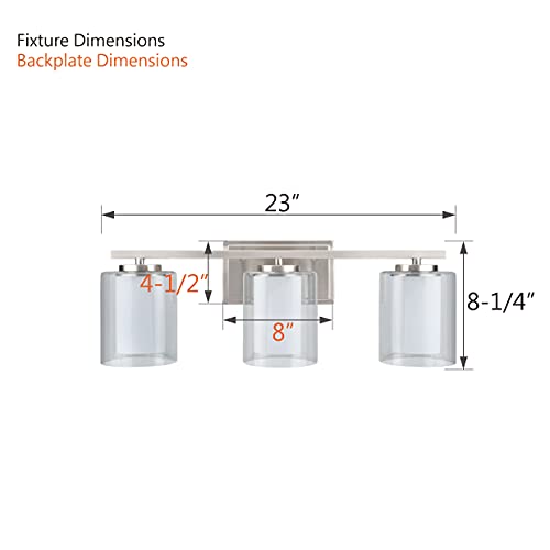 Aspen Creative 62103, Three-Light Metal Bathroom Vanity Wall Light Fixture, 23" Wide, Transitional Design In Satin Nickel With Clear Glass Shade #TOP4