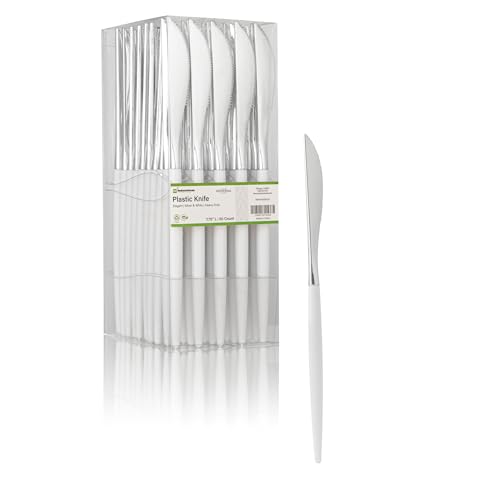 Restaurantware-Moderna 7.75 Inch Fancy Flatware, 50 Durable Plastic Flatware - With White Handle For Grip, Heavy-duty, Silver Plastic Knives, Serrated Edges Or Restaurants by Restaurantware - Used condition - Image 2