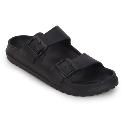Image of Liberty A-HA COMMIT Slippers for Men - Black, Light Grey & Olive Green | Casual Slip-on Flats /Slippers Footwear - Buckle Closure | Casual Outdoor Chappal, Monsoon, Rainy Season Footwear for Man