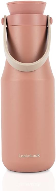 LocknLock Metro Tumbler Stainless Steel Vacuum Insulated Double Cap Travel Mug - Water Coffee Cup w/Hand Strap for Home, Office, Outdoor Works Great for Cold Drinks and Hot Beverages (Pink, 16oz)