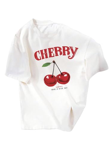 SOLY HUX Women's Cute Graphic Tees Cherry Print Oversized T Shirt Half Sleeve Crew Neck Summer Tops