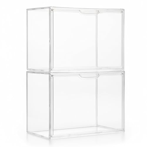Image of 2-Pack 14.2 inch L x 8.9 inch W x 10.6 inch H Clear Acrylic Display Case with Magnetic Lid, Stackable Storage Bins for Collectibles, Figures, Handbags, and Shoes, Dustproof Organizer Box for Home Office