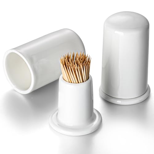 zeeooil Zahnstocherhalter Set mit 2 Keramik-Zahnstocherbehälter mit Deckel (weiß)