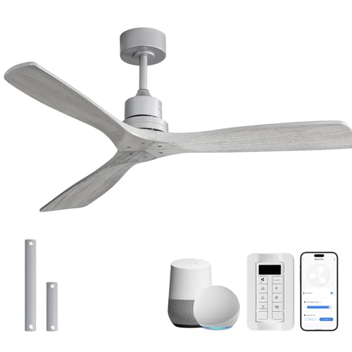 Image of Sofucor 52 Inch Smart Wood Ceiling Fan No Light, Alexa /App /Remote Control | Without Light, Modern, 3 Blade, Quiet Reversible DC Motor, 6 Speeds, Timer, Indoor /Outdoor /Bedroom /Living Room /Patio, Grey