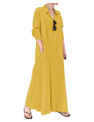 Image of Ladyful Women's Cotton Linen Maxi Dress Summer Long Sleeve Shirt Dress