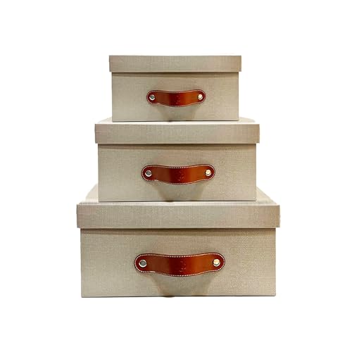 Duartee&Co Set de 3 Cajas Organizadoras Decorativas Small, Medium y Large | Forradas a Mano en Papel Laminado con Herrajes de piel (Arena Lino)