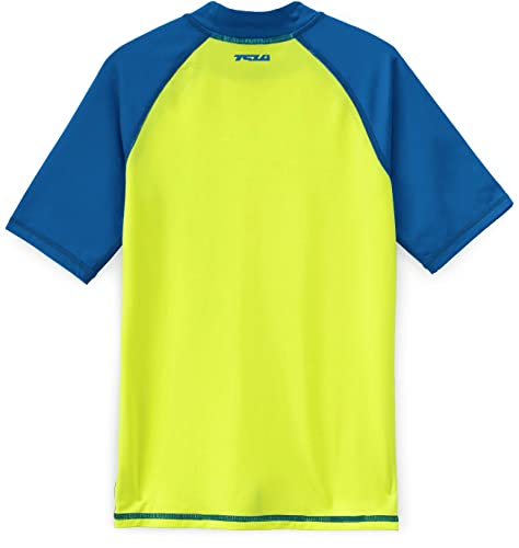 Tsla Upf 50+ Youth Kids Rash Guard Short Sleeve, Uv/Spf Surf Swim Shirt, Aqua Water Swimsuit Top, Short Sleeve Rashie Neon Yellow & Royal Blue, 10 #TOP6