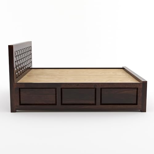 Image of Sheesham Wood King Size Bed with Storage Box | Wooden Box Bed King Size Double Cot Bed with Storage for Bedroom | Premium Niwar Design Headboard Bed for Hotel, Home | Walnut Finish