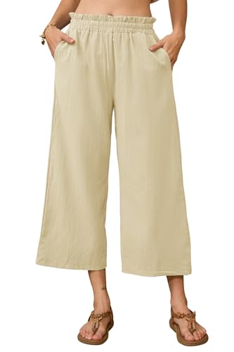 BATHRINS Leinenhose Damen 7/8 Weites Bein Sommerhose Damen Leicht Elegant Leinen Stoffhose Hohe Taille Freizeithose Caus...