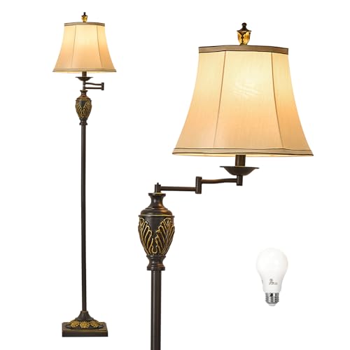 Traditional LED Floor Lamp with 350° Adjustable Swing Arm Lamp – Vintage Standing Pole lamp for Living Room, Bedroom and Office – Rustic Upright Floor Light for Home Décor with Silk Fabric S