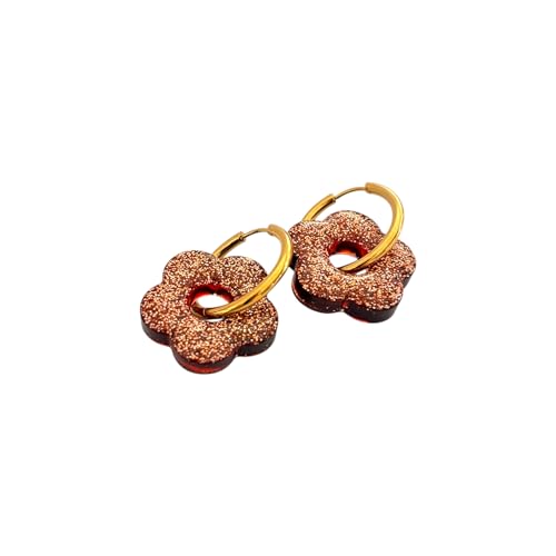 Boucles d’oreilles créoles dorées pampille fleur résine pailletée rouge – bijou femme – cadeau femme – acier inoxydable 316 – fait main Marseille