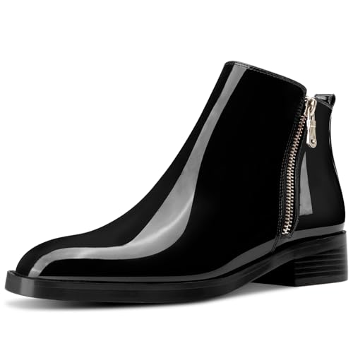 Saekcted Womens Chunky Block Low Heel Square Toe Ankle Boots Short Bootie Slip-on Zipper Office Basic Classic Patent Leather Flat Boots