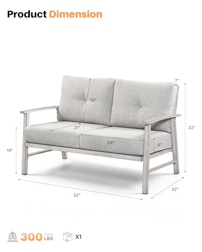 Image of Patio Furniture Loveseat Sofa, Outdoor Aluminum Patio Couch with 5.9'' Soft Cushion, All-Weather 2 Seats Outdoor Furniture Sofa Couch for Garden, Poolside, Lawn, White Oak
