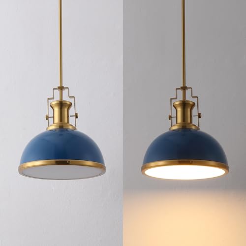 Image of JONATHAN Y Homer Industrial Dome Pendant 13 inch, Navy /Brass Gold | 1-Light, Farmhouse Style, Adjustable Hanging Height, Glass Diffuser, Sloped Ceiling Compatible, Metal, LED Bulb Included