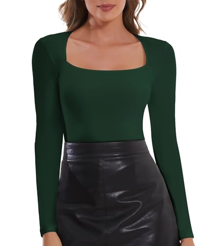 SHAPERIN Women’s Long Sleeve Tops Square Neck Top Plain Casual Shirts Base Layer Ribbed Tee Green 1# S