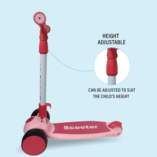 Image of NHR Foldable 3 Wheel Kick Scooter for Kids Up to 6 Years with Colorful LED Flashing Wheels, 4 Level Height Adjustable Handlebar, Tilt-to-Steer & Rear Press Brake Toy for Boys Girls (Pink)