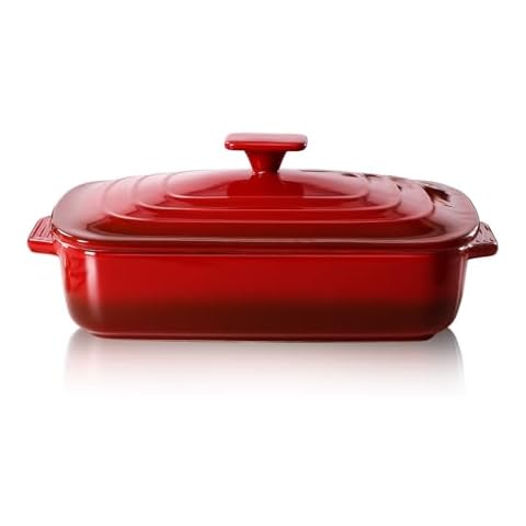 Lareina Large Ceramic Casserole Dish with Lid, 4.0 Quart Covered Rectangular Stoneware Baking Dishes for Oven, Deep 9x13 Inch Lasagna Pans for Baking and Serving, Perfect for Christmas gifts, Red Cover