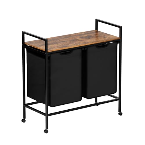 FetiNes Panier à Linge 2 Compartiments, Corbeille à Linge Sale avec 4 roulettes, 2 Sacs Amovibles en Tissu Oxford, Étagère, Cadre en Métal, 2 x 42 L, 73 x 33 x 76 cm, Noir-Marron Rustique