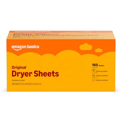 Image of Amazon Basics Dryer Sheets Laundry Fabric Softener, Original Scent, Reduces Static, Fights Wrinkles, 160 Count