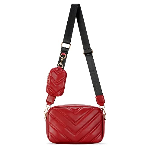 Image of Herald Chevron Quilted Small Crossbody Bag with Coin Purse Pouch, Women Square Camera Side Shoulder 2 Size Handbags (Red)
