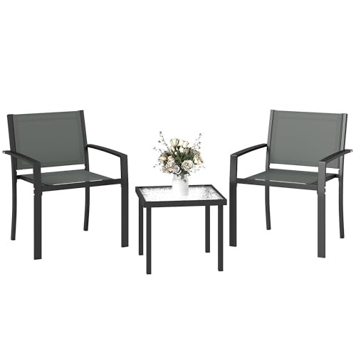 Outsunny Conjunto de Mesa y Sillas de Terraza Exterior 3 Piezas, Muebles de Jardín Exterior con 2 Sillas Anchas de Textilene, Mesa de Vidrio Templado, para Patio, Balcón, Gris Claro