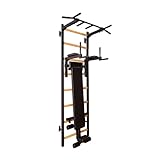 BenchK 223B Wallbars, Stall Bars, Swedish Ladder, Gymnastic Ladder with Fixed Steel 6-Grip Pull Up Bar, Chin Up Bar, Dip Bar, Dip Station with Polyurethane Back Support and Advanced Workout Bench