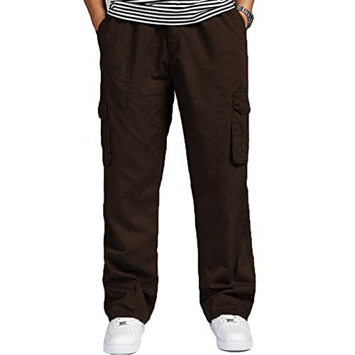 Image of REOUTLOOK Men's Regular‑Fit Cotton Cargo Pants - Elastic Drawstring Waist, 5 Pockets, Breathable Everyday Casual Trousers
