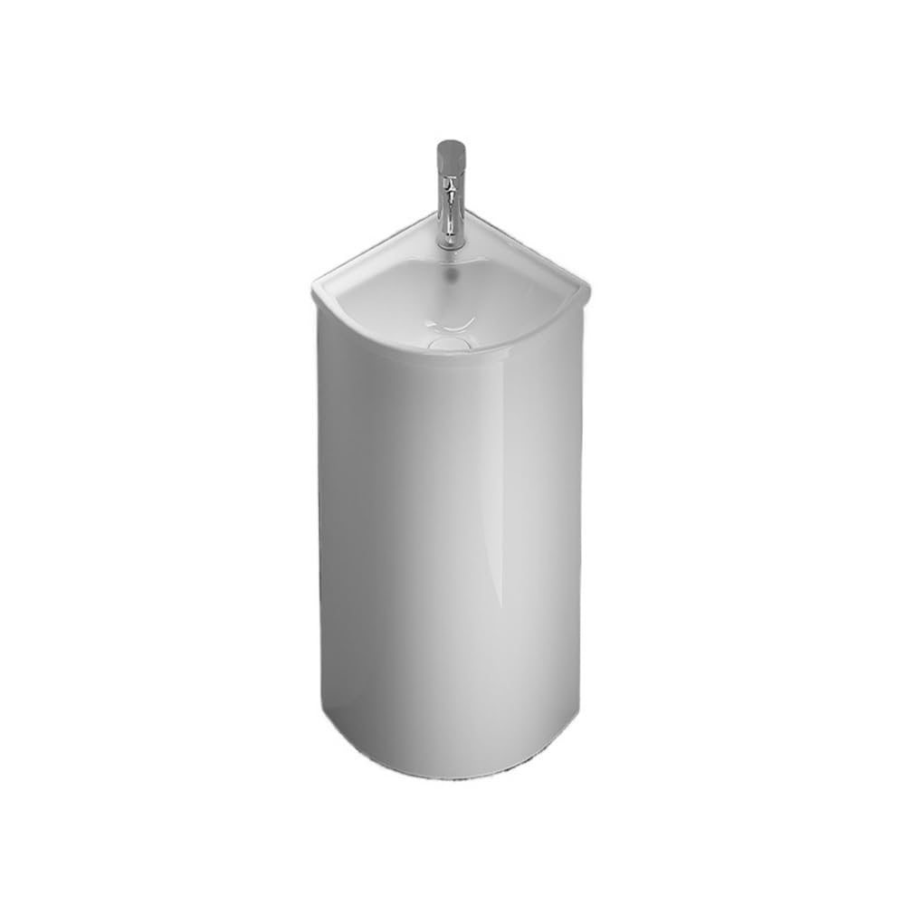 Free-Standing White Porcelain Corner Pedestal Sink with Silver Faucet and Drain Kit for Bathroom Lavatory Column