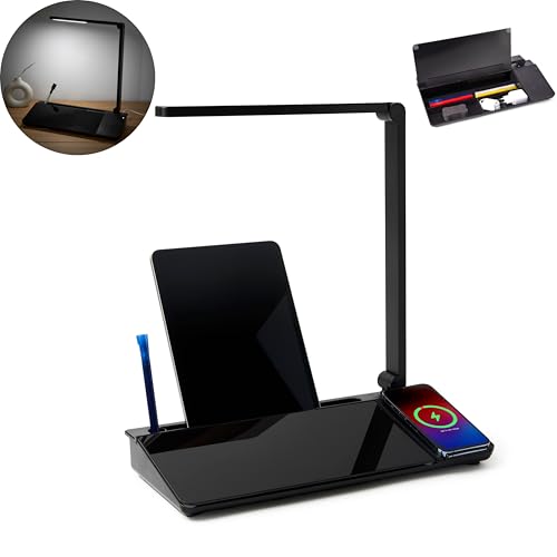 Image of Garood Glass Desktop Whiteboard with Storage (Black) Wireless Charger and LED Light Desk Whiteboard Desktop Glasasboard Desk top Board Desk Dry Erase Board Phone Holder 15.8X7X2 in