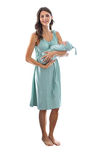 Image of Baby Be Mine 3 in 1 Labor/Delivery/Nursing Hospital Gown and Matching Swaddle Set (Sage, S/M pre preg 2-12)