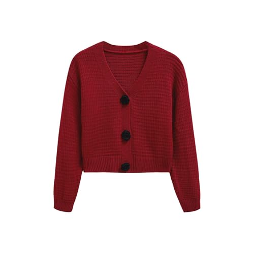 CHICWISH Women Open Front Rose Buttoned Crop Knit Cardigan V Neck Long Sleeve Casual Solid Sweaters Cardigan Top