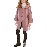 duxyoz Pink Girls Wool Blend Winter Coat - Single Breasted Trench Coat,Long Sleeve Lapels Long Dress Coats,Button Up Elegant Winter Warm Peacoats Overcoat with Pockets 13-14 Years