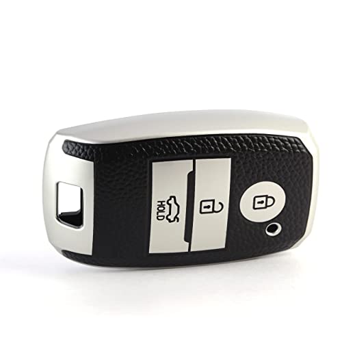Image of JVCV Premium Soft TPU Leather Pattern Key Cover Compatible with Kia Seltos Sonet Carens 3 Button Push Start Car Key (Silver Black)